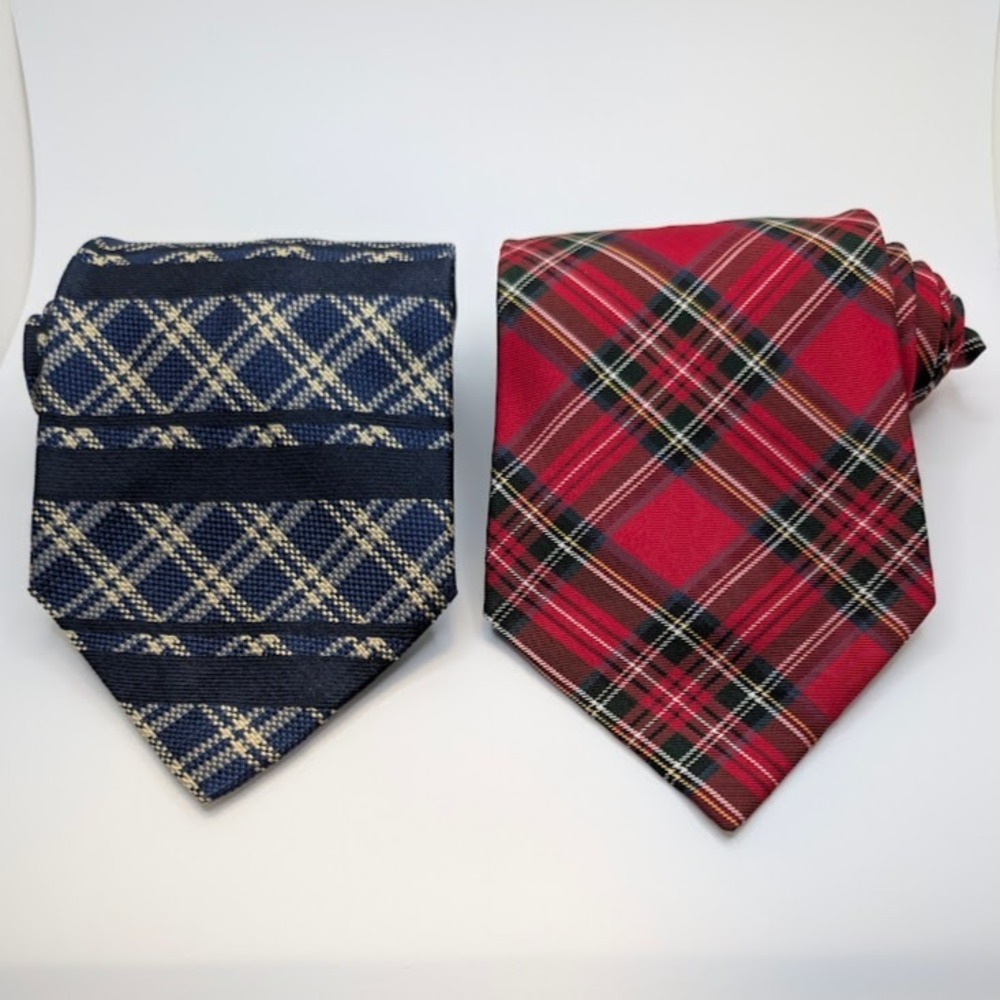 LOT of 2 Tommy Hilfiger Silk Ties - Red Tartan & Blue Plaid Stripe 4" Wide